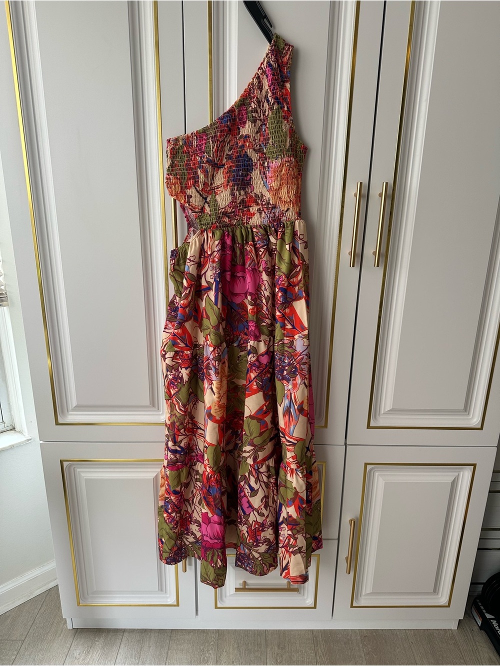One-Shoulder Smocked Floral Midi Dress in Hot Tropic
